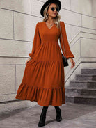 V-Neck Long Sleeve Tiered Dress - Guy Christopher 