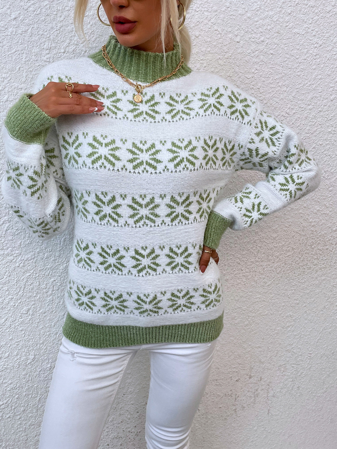 Snowflake Pattern Mock Neck Sweater - Guy Christopher 