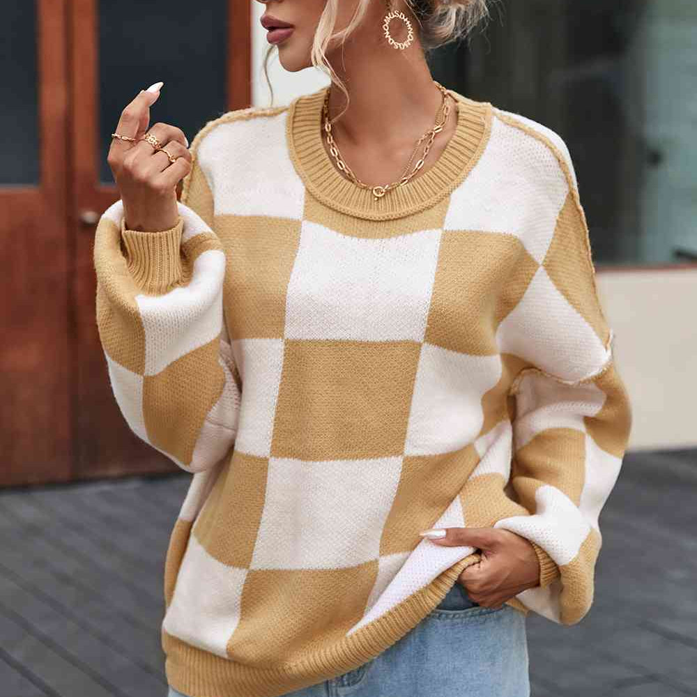 Checkered Exposed Seam Drooped Shoulder Sweater