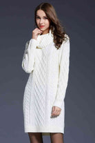 Woven Right Full Size Mixed Knit Cowl Neck Dropped Shoulder Sweater Dress - Guy Christopher 