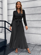 V-Neck Tie Waist Pleated Maxi Dress - Guy Christopher 