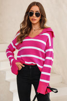 Striped Collared Neck Slit Sweater - Guy Christopher 