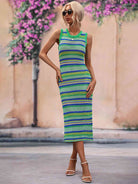 Striped Round Neck Sleeveless Midi Cover Up Dress - Guy Christopher 