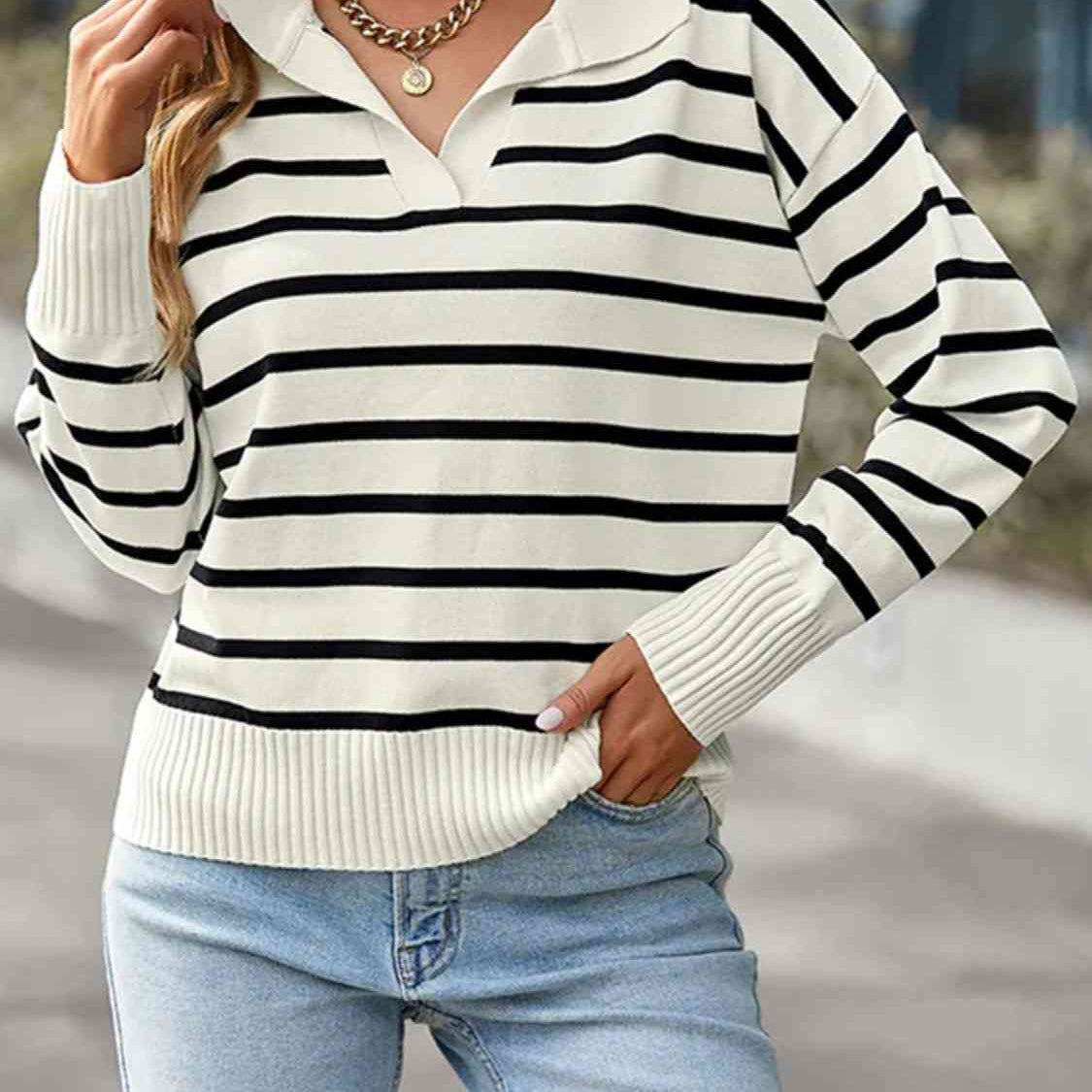 Striped Collared Neck Knit Top - Guy Christopher 