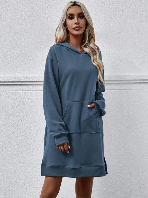 Slit Long Sleeve Hooded Dress with Pocket - Guy Christopher 