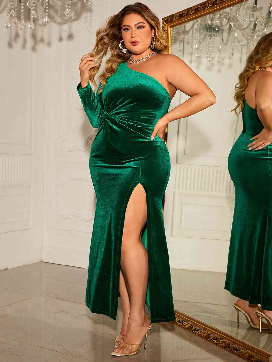 Plus Size One-Shoulder Twisted Split Dress - Guy Christopher 