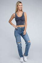 2-Way Neckline Washed Ribbed Cropped Tank Top - Guy Christopher