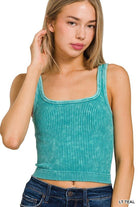 2-Way Neckline Washed Ribbed Cropped Tank Top - Guy Christopher