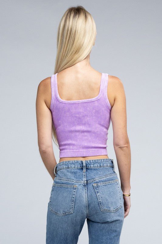 2-Way Neckline Washed Ribbed Cropped Tank Top - Guy Christopher