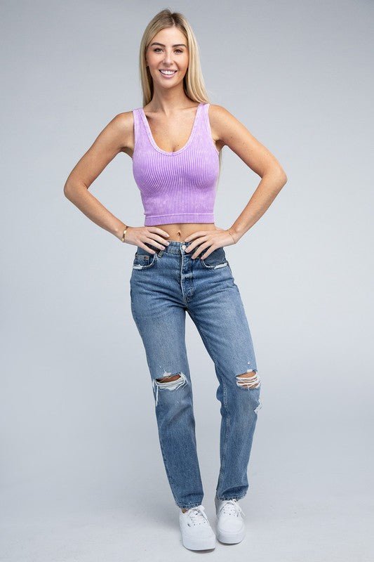 2-Way Neckline Washed Ribbed Cropped Tank Top - Guy Christopher