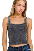 2-Way Neckline Washed Ribbed Cropped Tank Top - Guy Christopher