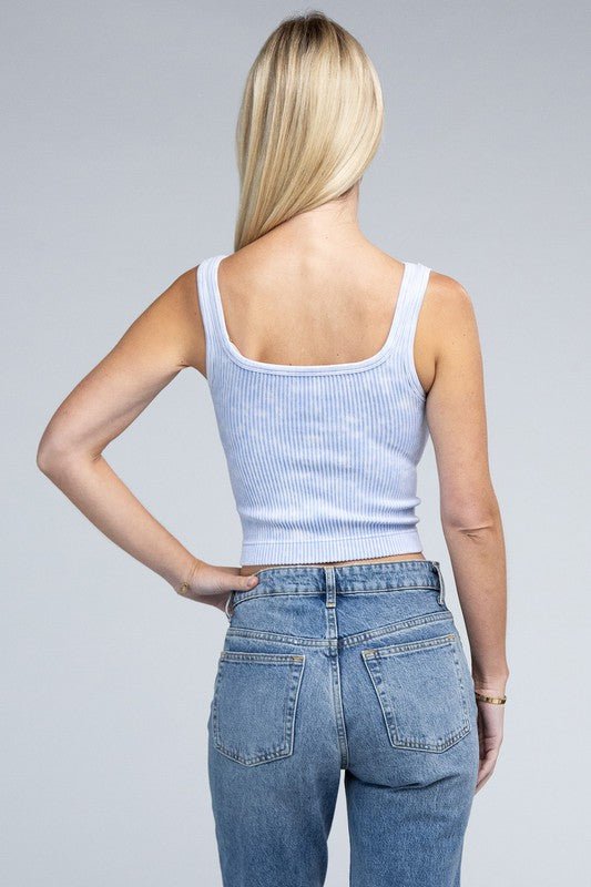 2-Way Neckline Washed Ribbed Cropped Tank Top - Guy Christopher