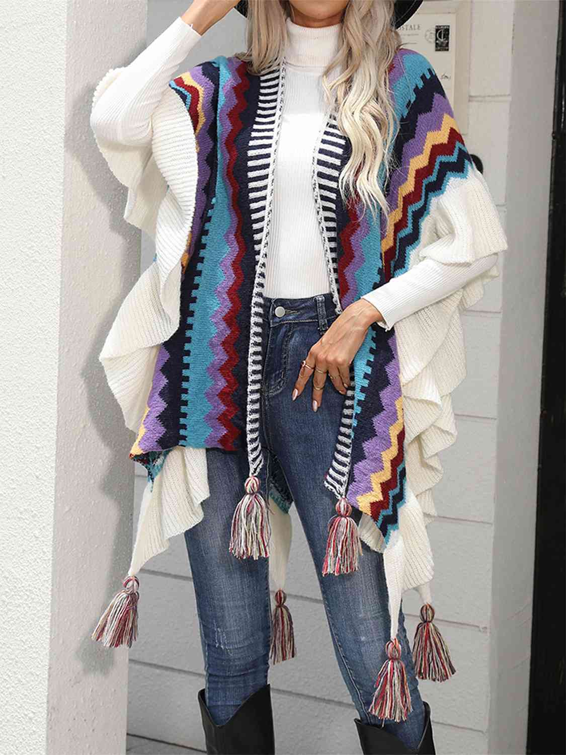 Striped Open Front Poncho with Tassels - Guy Christopher 