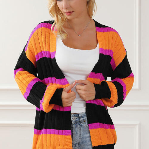 Ribbed Striped Open Front Long Sleeve Cardigan