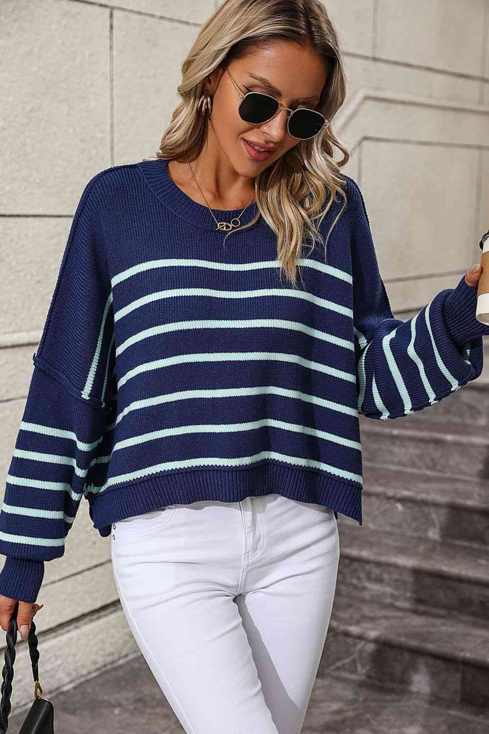 Striped Dropped Shoulder Round Neck Pullover Sweater - Guy Christopher 