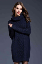 Woven Right Full Size Mixed Knit Cowl Neck Dropped Shoulder Sweater Dress - Guy Christopher 