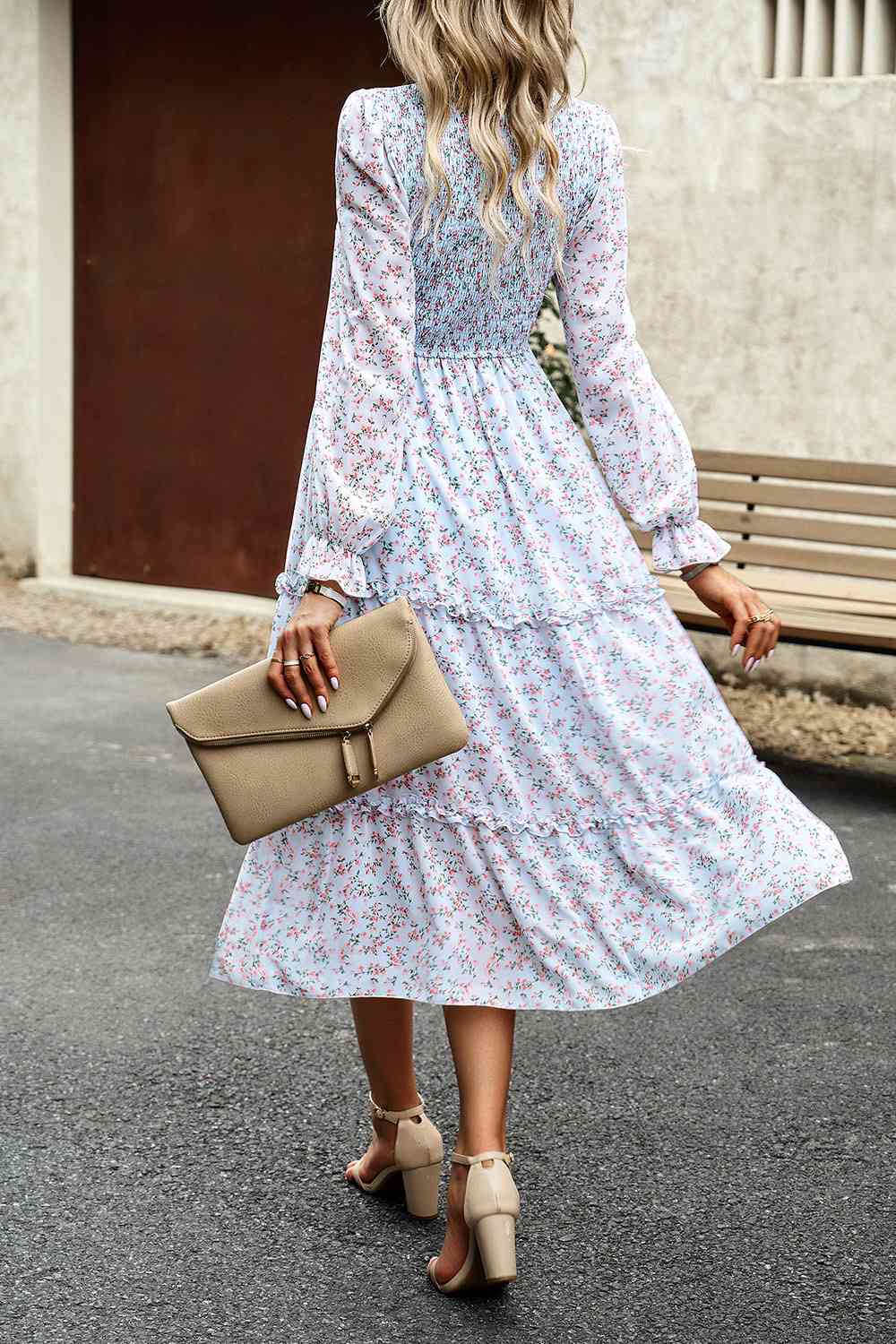 Smocked Flounce Sleeve Midi Dress - Guy Christopher 