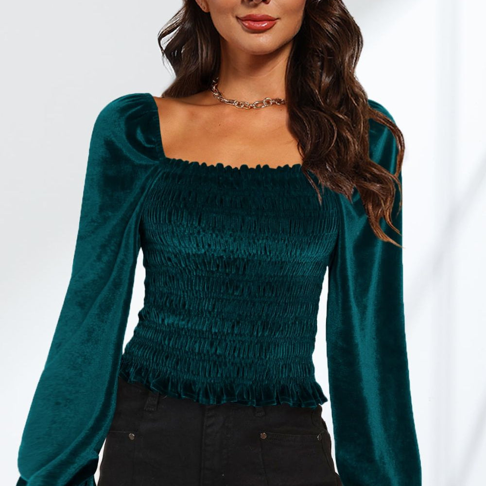 Smocked Square Neck Long Sleeve Blouse - Guy Christopher 