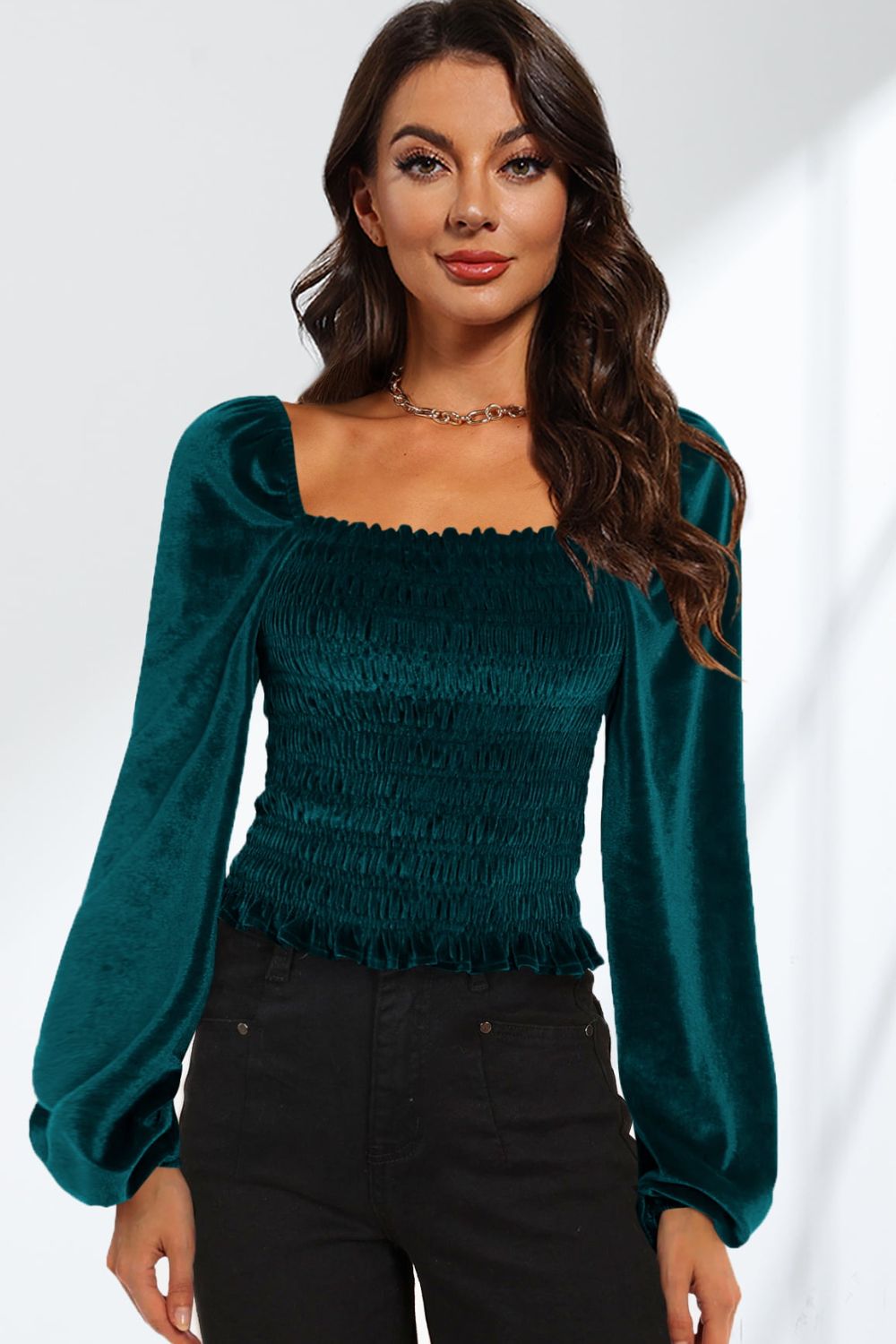 Smocked Square Neck Long Sleeve Blouse - Guy Christopher 