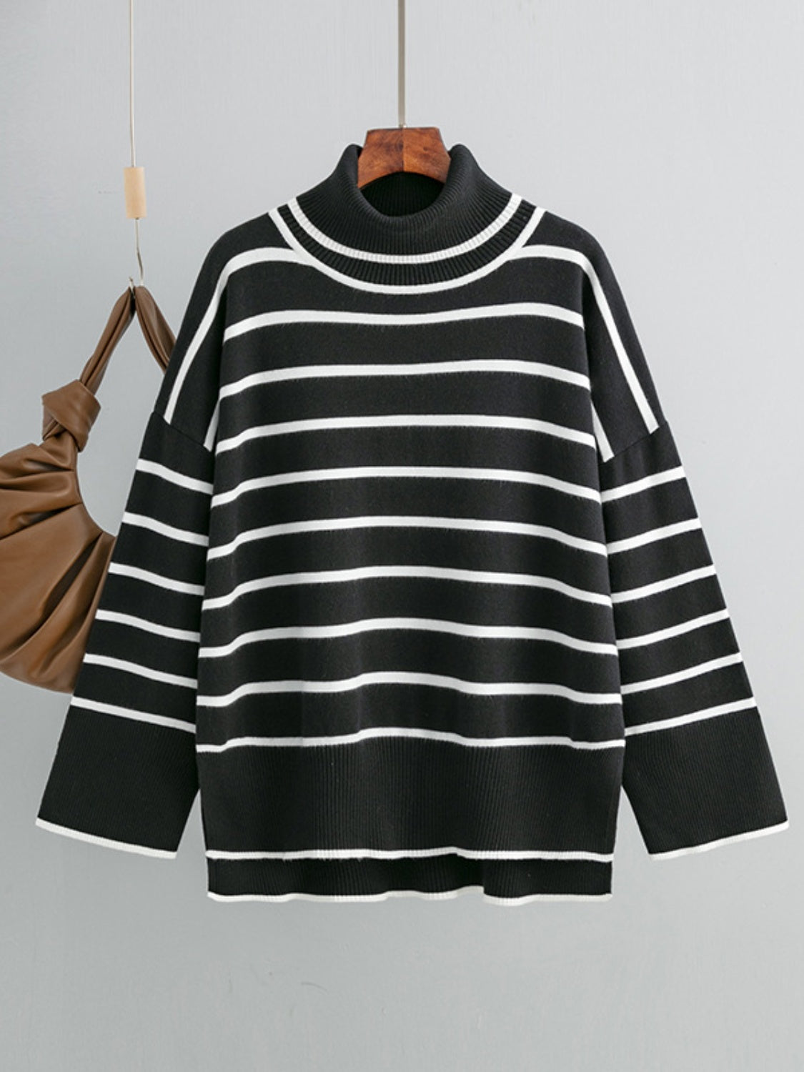 Striped Drop Shoulder Turtleneck Sweater - Guy Christopher 