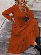 V-Neck Long Sleeve Tiered Dress - Guy Christopher 