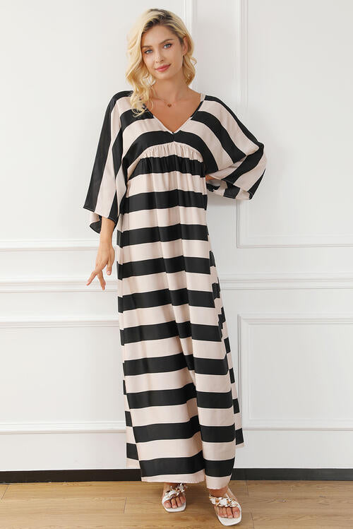 Striped V-Neck Ruched Dress - Guy Christopher 