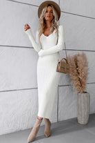 V-Neck Long Sleeve Ribbed Sweater Dress - Guy Christopher 