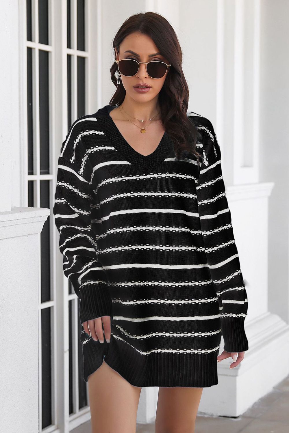 Striped V-Neck Sweater Dress - Guy Christopher 