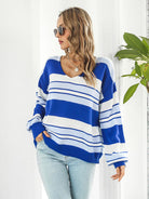 Striped V-Neck Long Sleeve Knit Top - Guy Christopher 