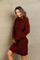 Woven Right Full Size Mixed Knit Cowl Neck Dropped Shoulder Sweater Dress - Guy Christopher 