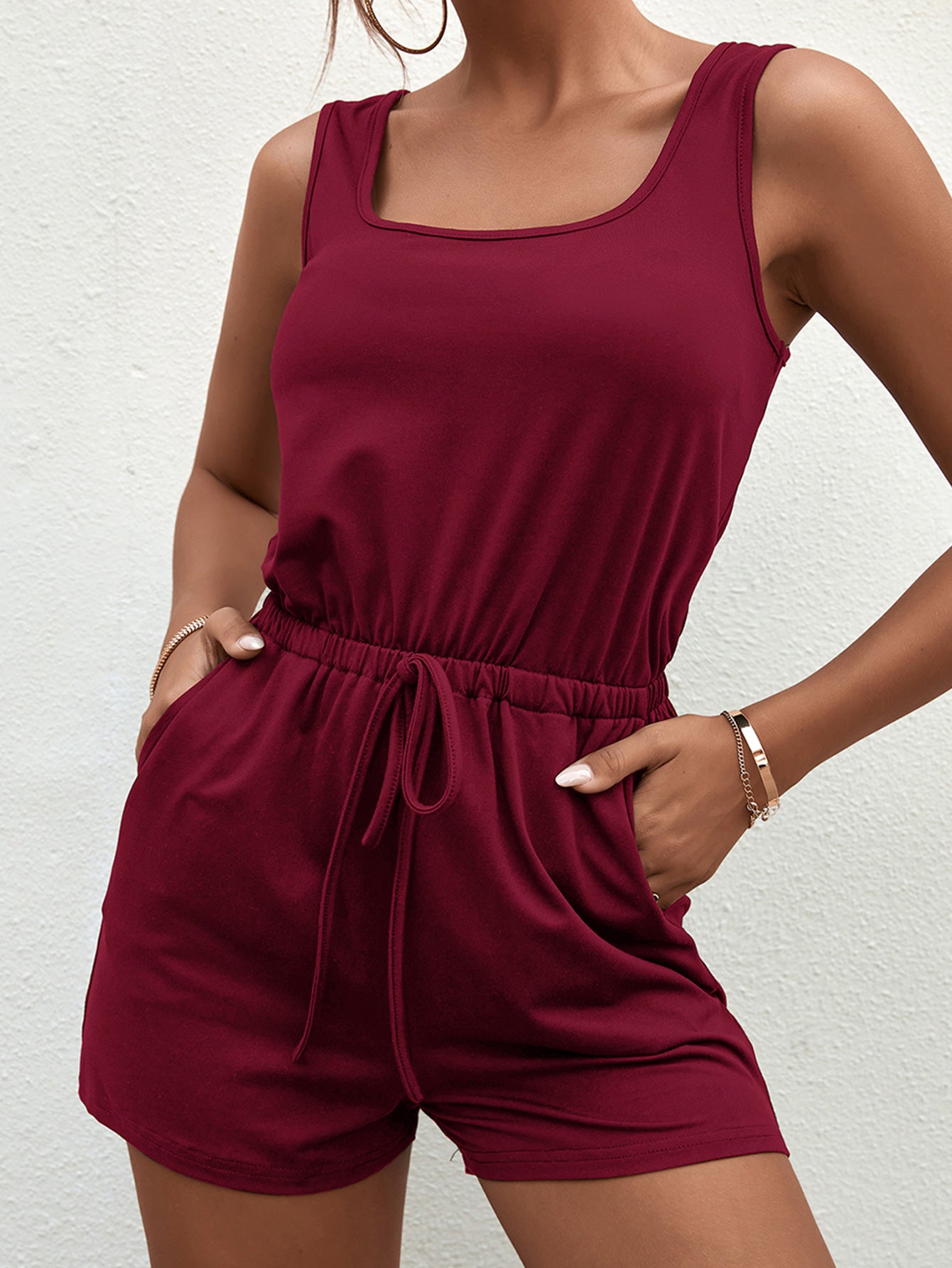 Square Neck Sleeveless Romper with Pockets - Guy Christopher 