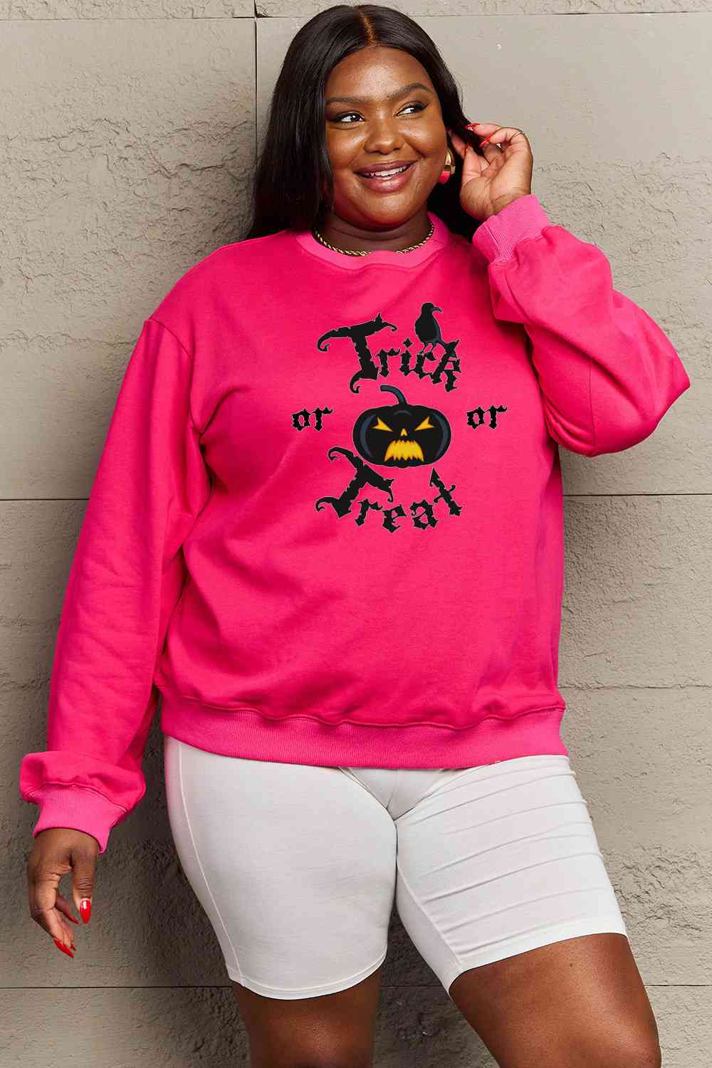 Simply Love Full Size TRICK OR TREAT Graphic Sweatshirt - Guy Christopher 