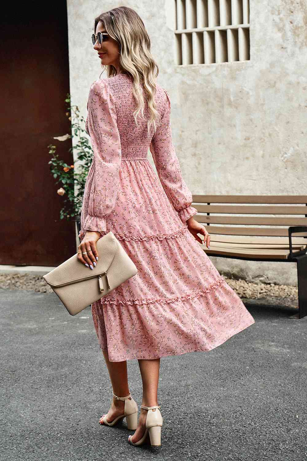 Smocked Flounce Sleeve Midi Dress - Guy Christopher 