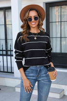 Striped Round Neck Long Sleeve Sweater - Guy Christopher 