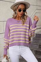 Striped Dropped Shoulder Round Neck Pullover Sweater - Guy Christopher 