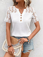 Spliced Lace Notched Neck Waffle-Knit Top - Guy Christopher 