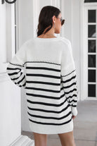 Striped V-Neck Drop Shulder Sweater Dress - Guy Christopher 
