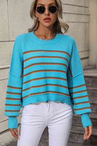 Striped Dropped Shoulder Round Neck Pullover Sweater - Guy Christopher 