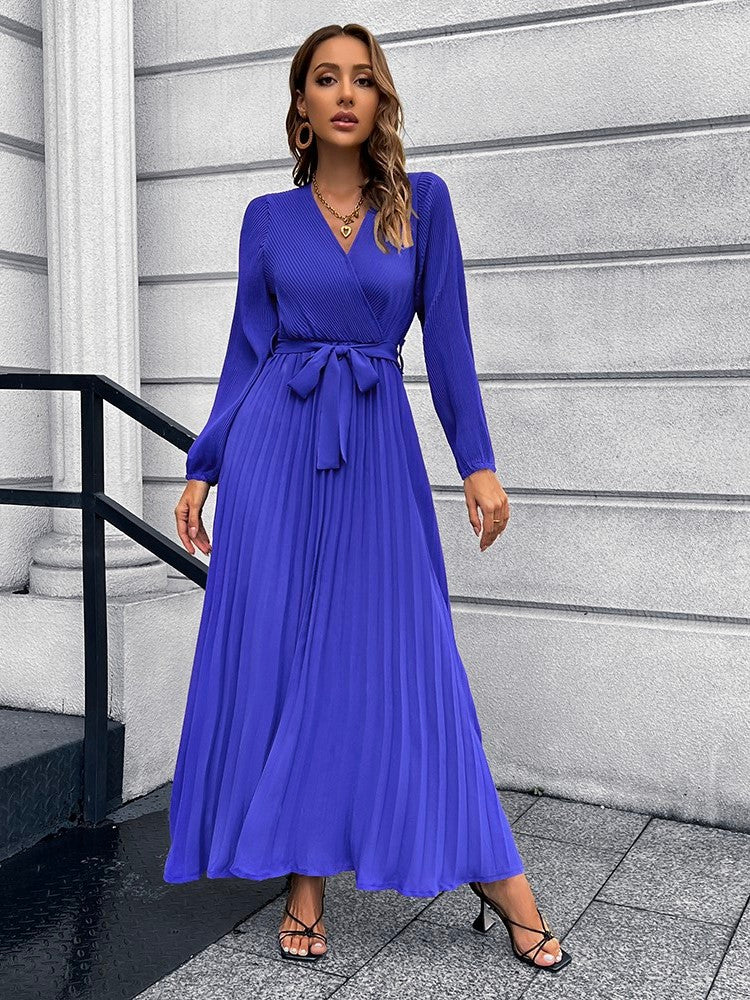 V-Neck Tie Waist Pleated Maxi Dress - Guy Christopher 