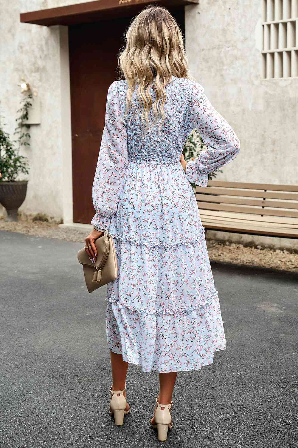 Smocked Flounce Sleeve Midi Dress - Guy Christopher 