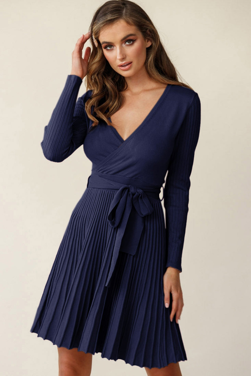 Surplice Neck Tie Waist Pleated Dress - Guy Christopher 