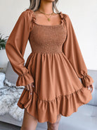 Smocked Flounce Sleeve Square Neck Dress - Guy Christopher 