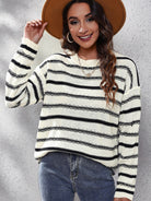 Striped Round Neck Dropped Shoulder Sweater - Guy Christopher 