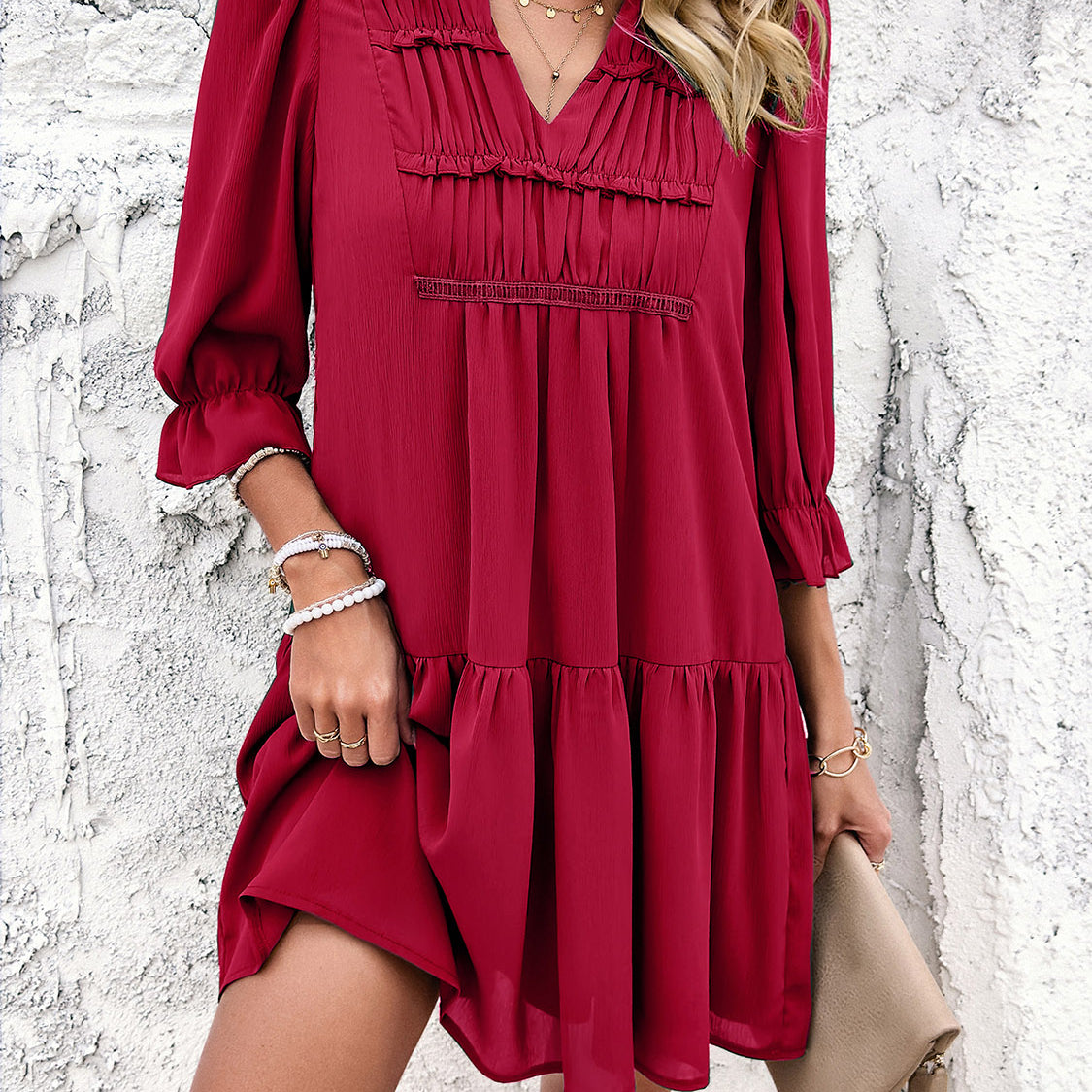 Ruched Notched Flounce Sleeve Dress