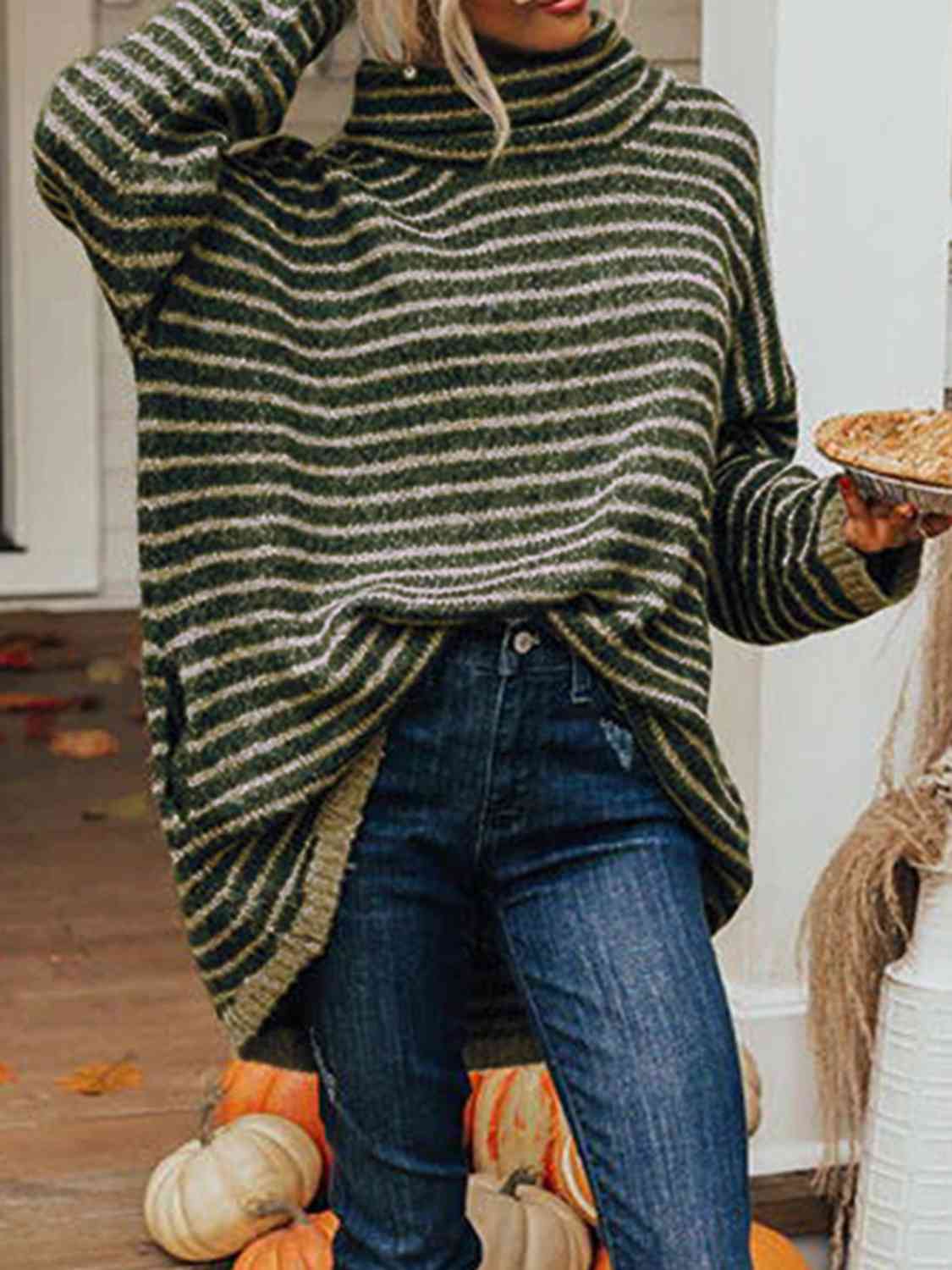 Striped Turtleneck Sweater with Pockets - Guy Christopher 