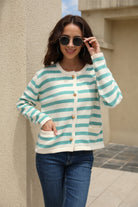 Striped Round Neck Button-Down Dropped Shoulder Cardigan - Guy Christopher 