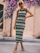 Striped Round Neck Sleeveless Midi Cover Up Dress - Guy Christopher 