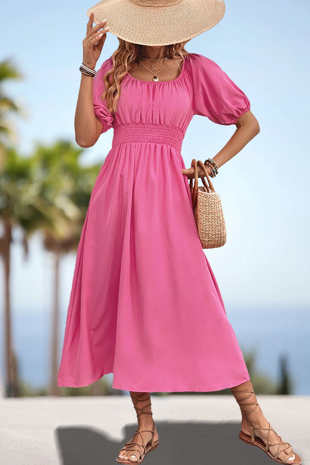 Square Neck Smocked Waist Puff Sleeve Midi Dress - Guy Christopher 