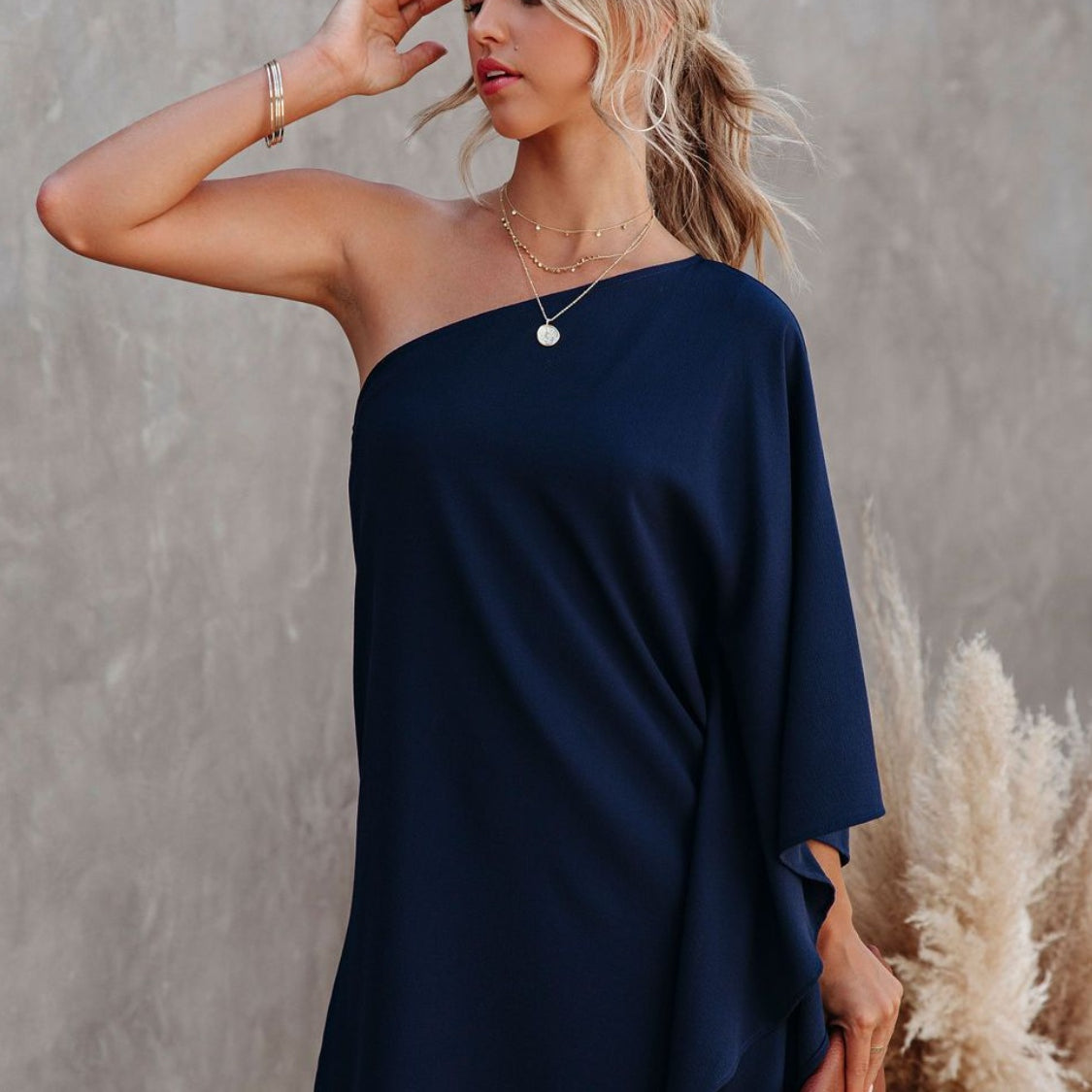 Single Shoulder Kimono Sleeve Mini Dress