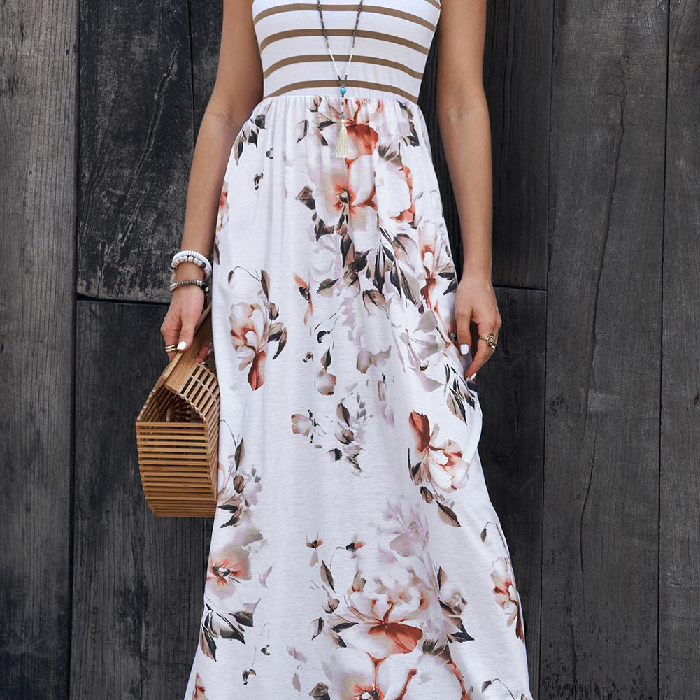 Striped Floral Round Neck Sleeveless Maxi Dress - Guy Christopher 